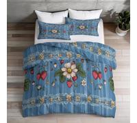 Coverless Duvet Single 4.5 Tog - Multicolored Reversible Duvet with 2 Pillowcase Strawberry Daisy Vintage Floral Print Soft Lightweight Comforter Set and Warm for All Seasons, 135 x 200 cm
