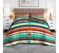 Coverless Duvet Single 4.5 Tog, Soft Warm Microfibre Reversible Washable Quilted Summer Duvets Bohemian Stripe Floral, Bedding Set Turquoise Comforter for Kids Teens