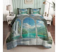 Coverless Duvet Single 4.5 Tog, Soft Warm Microfibre Reversible Washable Quilted Summer Duvets Classical Architecture, Bedding Set Arch Waterfall Comforter for Kids Teens