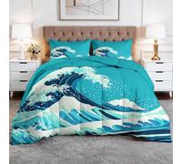 Coverless Duvet Single 4.5 Tog, Soft Warm Microfibre Reversible Washable Quilted Summer Duvets Japanese Wave Art, Bedding Set Turquoise Comforter for Kids Teens