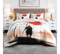Coverless Duvet Single 4.5 Tog, Soft Warm Microfibre Reversible Washable Quilted Summer Duvets Japanese Style Character, Bedding Set Samurai Red Sun White Comforter for Kids Teens
