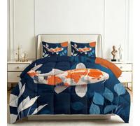 Coverless Duvet Single 4.5 Tog, Soft Warm Microfibre Reversible Washable Quilted Summer Duvets Modern Minimalist, Bedding Set Fish Leaves Comforter for Kids Teens