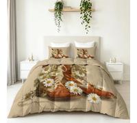 Coverless Duvet Single 4.5 Tog, Soft Warm Microfibre Reversible Washable Quilted Summer Duvets Vintage Farmhouse, Bedding Set Boot Daisy Floral Comforter for Kids Teens