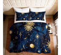 Coverless Duvet Single 7.5 Tog, Abstract Celestial Star Moon Sun Reversible Washable Coverless Duvet Summer Travel Camping Blanket Soft Warm Quilt Single 135x200 cm Duvets with Pillowcase, Blue
