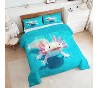 Coverless Duvet Single Axolotl Pattern, Bedroom Decor, Gift, Cute Cartoon Salamander Bedding Comforter Set 2 Piece, 1 Pillowcase, Soft All Season Quilt 10.5 Tog - S&E1606