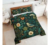 Coverless Duvet Single Bird Floral Pattern, Bedroom Decor, Gift, Green Leaf Botanical Flower Bedding Comforter Set 2 Piece, 1 Pillowcase, Soft All Season Quilt 10.5 Tog - S&E1894