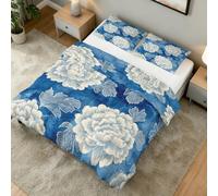 Coverless Duvet Single Blue Floral Pattern, Bedroom Decor, Gift, Peony Flower Bedding Comforter Set 2 Piece, 1 Pillowcase, Soft All Season Quilt 10.5 Tog - S&E4488
