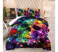 Coverless Duvet Single Colorful Skull Rose Coverless Duvet Kids Microfiber Quilted Bedspreads All Seasons Bed Comforter Breathable Bedspread Soft Coverless Duvets+2 Pillowcases(50x75cm) 172x218cm