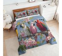 Coverless Duvet Single Floral Parrot Pattern, Bedroom Decor, Gift, Flower Branch Bird Bedding Comforter Set 2 Piece, 1 Pillowcase, Soft All Season Quilt 10.5 Tog - S&E1319