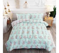 Coverless Duvet Single Green Rabbit Flower Comforter Microfiber Single Coverless Duvet All Seasons Quilted Bed Throw Lightweight Quilted Bedspreads Soft Bed Comforter+2 Pillowcases(50x75) 172x218cm