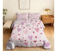 Coverless Duvet Single Heart Pattern, Bedroom Decor, Gift, Purple Red Pink Love Bedding Comforter Set 2 Piece, 1 Pillowcase, Soft All Season Quilt 10.5 Tog - S&E561