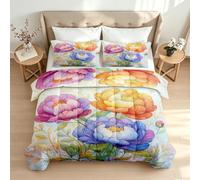 Coverless Duvet Single Peony Botanical Reversible Duvets 7.5 Tog | Lightweight Duvet All Seasons, Machine Washable Watercolor Floral Bedding Set, Soft Quilt and Pillowcase L/132