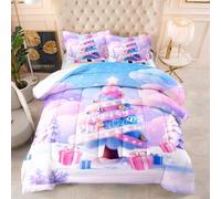 Coverless Duvet Single Pink Christmas Tree Comforter Microfiber Single Coverless Duvet All Seasons Quilted Bed Throw Breathable Quilted Bedspreads Soft Bed Comforter+2 Pillowcases(50x75cm) 173x229cm