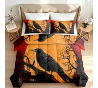 Coverless Duvet Single Reversible Gothic Raven Printed Duvet | All Seasons Washable Print Comforter 3D Dark Blood Moon Quilt Soft Anti Allergy Bedding Set with 2 Pillowcases C36