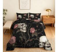 Coverless Duvet Single Rose Skull Pattern, Bedroom Decor, Gift, Gothic Skulls Bedding Comforter Set 2 Piece, 1 Pillowcase, Soft All Season Quilt 10.5 Tog - S&E89