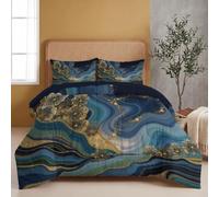 Coverless Duvet Single Size 4.5 Tog 2 Pieces Dark Abstraction | 140 x 200 cm Fireworks Gold Nuggets Lightweight Quilt, 1 Pillowcase 50×75cm, Soft Microfibre Bed Cover Bedding, All Seasons,Blue-Green