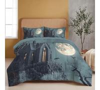 Coverless Duvet Single Size 4.5 Tog - Gray-Blue Duvet with 1 Pillowcase Gothic Art Castle Dead Tree Bat Print Soft Lightweight Comforter Set for All Seasons, 140 x 200 cm | 1 Piece Pillowcases