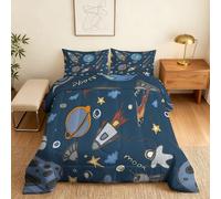 Coverless Duvet Single Space Pattern, Bedroom Decor, Gift, Cartoon Astronaut Planet Rocket Bedding Comforter Set 2 Piece, 1 Pillowcase, Soft All Season Quilt 10.5 Tog - S&E643
