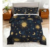 Coverless Duvet Single Sun Moon Star Pattern, Bedroom Decor, Gift, Blue Celestial Bedding Comforter Set 2 Piece, 1 Pillowcase, Soft All Season Quilt 10.5 Tog - S&E3558