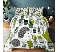 Coverless Duvet Single, Warm Four Seasons Duvet Reversible Cartoon Cute Animal Hedgehog Print, Includes 2 Matching Pillowcases, Hypoallergenic Washable, 135 x 200 cm Green Black