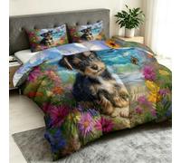 Coverless Duvet Single with Pillowcase, Beach Puppy Butterfly Bedding | All Seasons Reversible Bedding Set, Soft Lightweight Washable Microfiber Quilt 135x200cm Coastal Floral Green