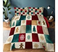 Coverless Duvet Single with Pillowcases, Reversible Bedding Set Geometric Blocks Checkered Pattern Tree Duvet All Seasons, Soft Lightweight 2-Piece Christmas Theme Comforter 135 x 200 cm