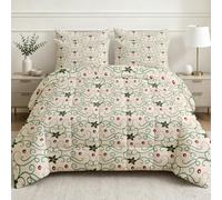 Coverless Duvet Small Double Vintage Christmas Holly Bedroom Decor, Gift | Reversible 7.5 Tog Comforter Floral Cream Green Red All Seasons Machine Washable Bedding Quilt Winter, 2 Pillowcases 1R101