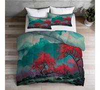 Coverless Duvet super king 7.5 Tog Asian 3D Oriental Landscape Quilt | Soft Reversible Quilted Comforter 260x220 cm, Washable All Season 3 Piece Bedding Set with 2 Pillowcases, Bedroom Decor Gift