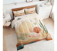 Coverless Duvet Super King Size Beach Coastal Pattern, Bedroom Decor, Gift, Coral Seashell Bedding Comforter Set 3 Piece, 2 Pillowcases, Soft All Season Quilt 10.5 Tog - S&E1814
