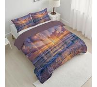 Coverless Duvet Super King Size for All Seasons, 7.5 Tog Early Morning Sunrise Pattern Microfiber Stitched Comforter, Super Soft Machine Washable Naturally The Beach Bedding Set, 264x230cm, Gold