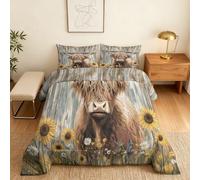 Coverless Duvet Super King Size Highland Cow Pattern, Bedroom Decor, Gift, Rustic Farm Animal Bedding Comforter Set 3 Piece, 2 Pillowcases, Soft All Season Quilt 10.5 Tog - S&E779