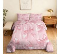 Coverless Duvet Super King Size Pink Bow Pattern, Bedroom Decor, Gift, Bowknot Princess Style Bedding Comforter Set 3 Piece, 2 Pillowcases, Soft All Season Quilt 10.5 Tog - S&E604