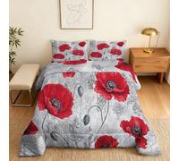 Coverless Duvet Super King Size Poppy Pattern, Bedroom Decor, Gift, Red Floral Bedding Comforter Set 3 Piece, 2 Pillowcases, Soft All Season Quilt 10.5 Tog - S&E30