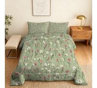 Coverless Duvet Super King Size Sage Green Floral Pattern, Bedroom Decor, Gift, Botanical Flower Bedding Comforter Set 3 Piece, 2 Pillowcases, Soft All Season Quilt 10.5 Tog - S&E482