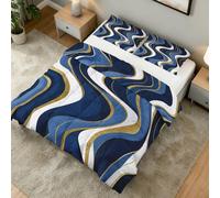 Coverless Duvet Super King Size Wave Stripe Pattern, Bedroom Decor, Gift, White Gold Blue Bedding Comforter Set 3 Piece, 2 Pillowcases, Soft All Season Quilt 10.5 Tog - S&E4574