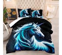 Coverless Duvet Turquoise Black Unicorn Coverless Duvet King Size Microfiber Bedspreads King Size Lightweight Quilted Bedspreads All Seasons Comforter Washable+2 Pillowcases(50x75cm) 140x200cm