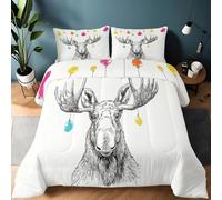 Coverless Duvet with Pillowcases, King 230x220 cm Reversible Soft Quilted Coverless Duvet All Seasons with Cartoon Moose Christmas Pattern, 3-Piece Comforter Multicolor, Lightweight Bedding Set
