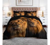 Coverless King Duvet Set Art Animal 3 Pieces Reversible 4.5 Tog Comforter Set with 2 Pillowcases - Lion Couple Black Down Alternative Breathable Quilt Bedding for All Seasons