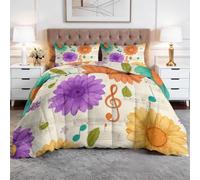 Coverless King Duvet Set Cottagecore 3 Pieces Reversible 4.5 Tog Comforter Set with 2 Pillowcases - Musical Notes Daisy Down Alternative Breathable Quilt Bedding for All Seasons