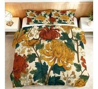 Coverless King Duvet Set Japanese Style 3 Pieces Reversible 4.5 Tog Comforter Set with 2 Pillowcases - Mustard Yellow Chrysanthemum Down Alternative Breathable Quilt Bedding for All Seasons