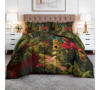 Coverless King Duvet Set Tropical Jungle Forest 3 Pieces Reversible 4.5 Tog Comforter Set with 2 Pillowcases - Floral Down Alternative Breathable Quilt Bedding for All Seasons