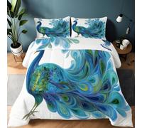 Coverless Queen Duvet Set with 2 Pillowcases, Blue Printed Breathable Comforter - Ultra Soft Washable Elegant Minimalism Animals Peacocks Quilt Reversible All Seasons Bedding Set 200 x 220 cm