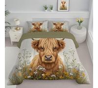 Coverless Quilt Set with 2 Pillowcases, 7.5 Tog Double Size Reversible Duvet All Seasons with Abstract Highland Cow Pattern, Lightweight and Warm Watercolor Wildflowers 200x200cm Comforter Beige