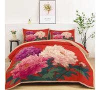 Coverless Single Bed Duvet 135 x 200 cm - Elegant Vintage Floral Peony Bedding Set for Adults Teens with 2 Pillowcases, Washable Lightweight Quilt Soft Microfiber Comforter, Red