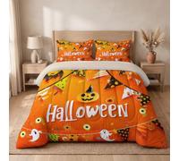 Coverless Single Duvet Set 3 Piece A vibrant orange Halloween| Reversible Comforter Set With 2 Shams- 100% Down Cosy & Breathable Bedding For All Seasons, Ghost Pumpkin Modern Duvet Quilt Cover