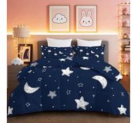 Coverless Star Moon Print Duvet & Pillowcase Set - Cartoon Minimalist Blue White Supersoft 4.5 Tog Double Bed Quilt - Two Reversible Designs, Washable Bedding Comforter Set for Adults, 200 x 200 cm