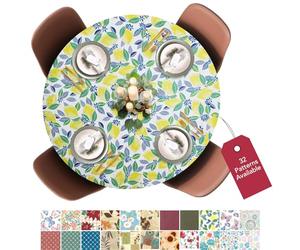 Covers For The Home Deluxe Vinyl Tablecloth with Elastic Edge, Flannel Back, Modern Lemon Pattern, Small, Round, Oblong, Oval, Fits Tables with a Diameter up to 40 Inches