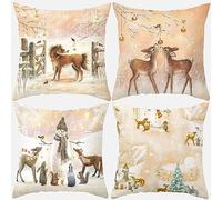 Covers Set of 4 Moose and Snowman Square Pillow Cover Cushions Covers 45 x 45 Cotton Linen Decorative PrintTree, Deer, Santa Claus Square Cushion Covers for Living Room Bedroom Decoratives (4 Pcs)