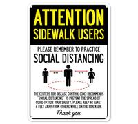 Covid-19 Notice Sign - Attention Sidewalk Users Practice Social Distancing | ... Metal Sign Plaque Poster 8X12 Inches
