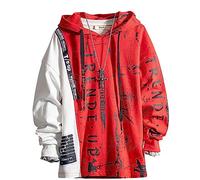 Covisoty Men‘s Hoodie Techwear Hip Hop Urban Streetwear Hoodies Print Patchwork Long Sleeve Pullover Japanese Sweatshirt Autumn Winte Red 3XL